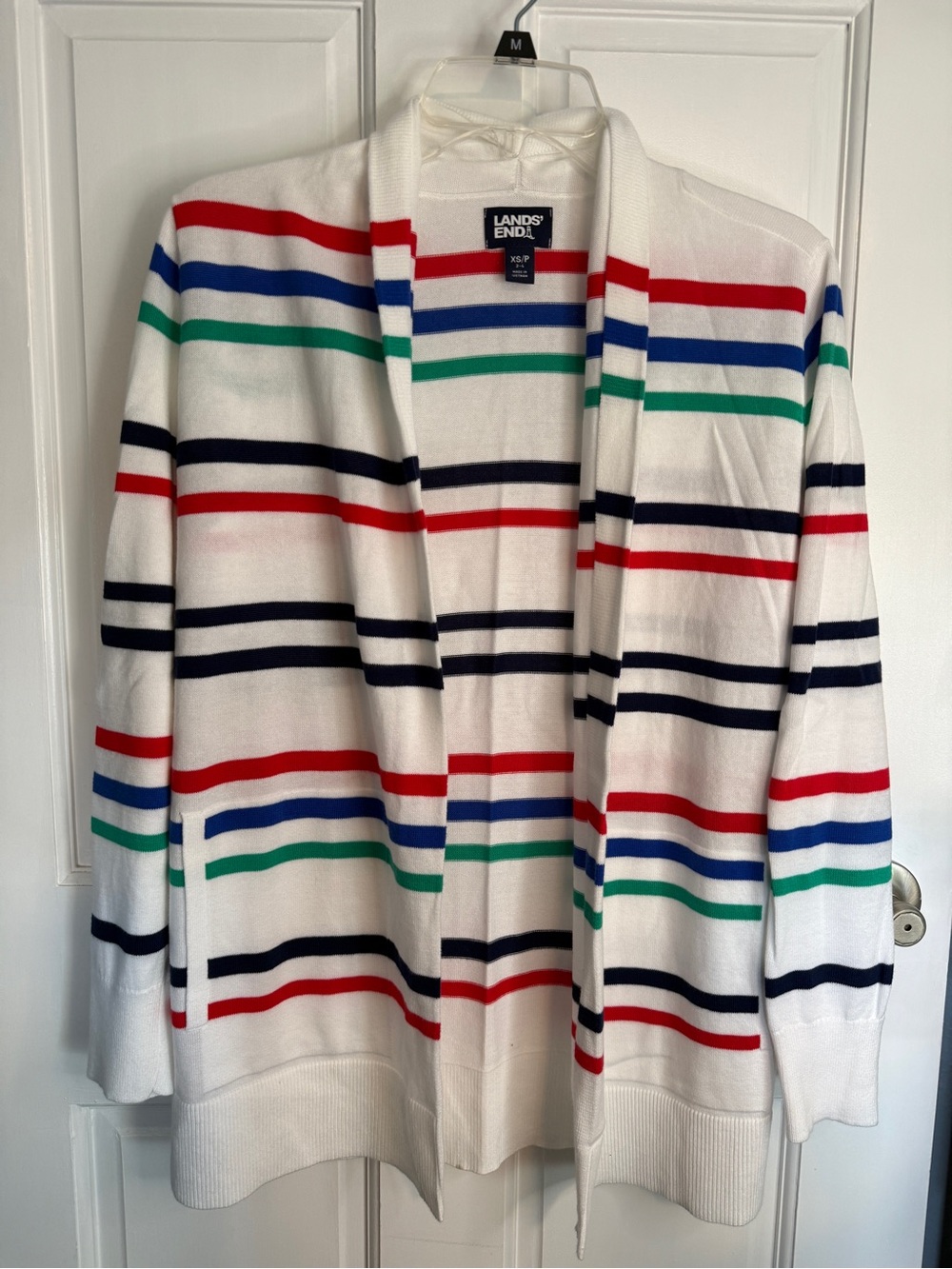 Lands' End 100% Cotton Open-Front Cardigan with Red, Navy, Green & Blue Stripes